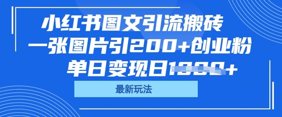 小红书图文引流搬砖,一张图片引200+创业粉,单日变现日数张-渡鸦网创